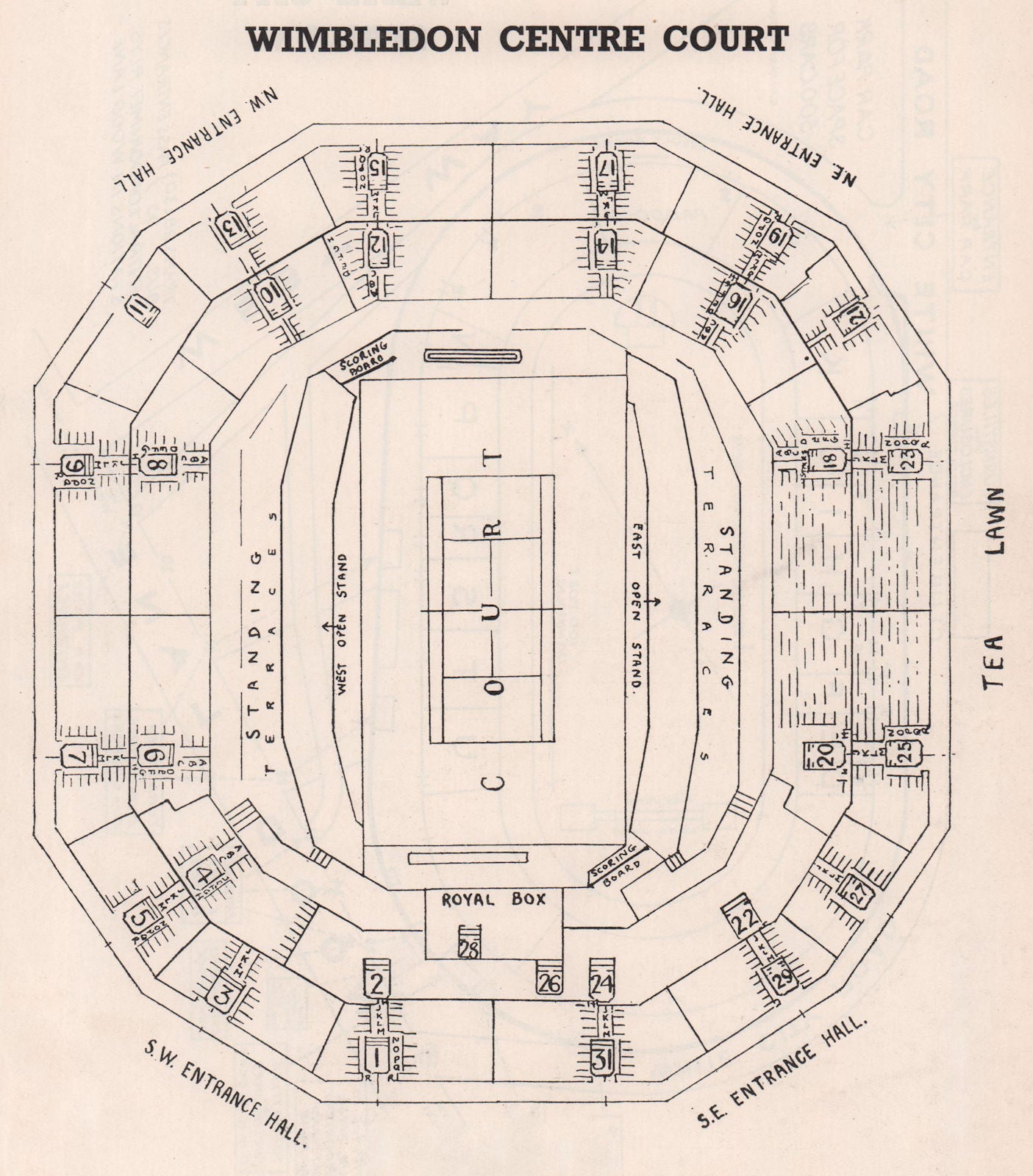 WIMBLEDON CENTRE COURT vintage seating plan. Tennis stadium 1937 old print